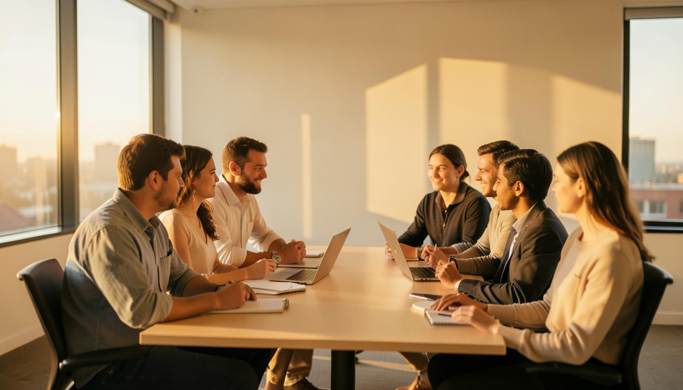 Iemand schrijft in een notitieboek aan een houten tafel in zacht gouden licht