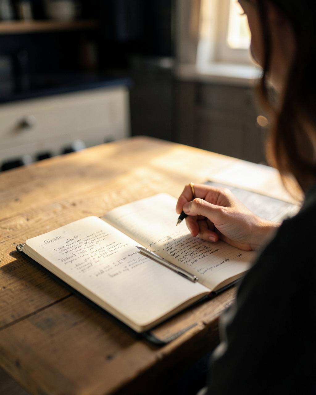 Someone writing in a notebook at a wooden table in soft golden light