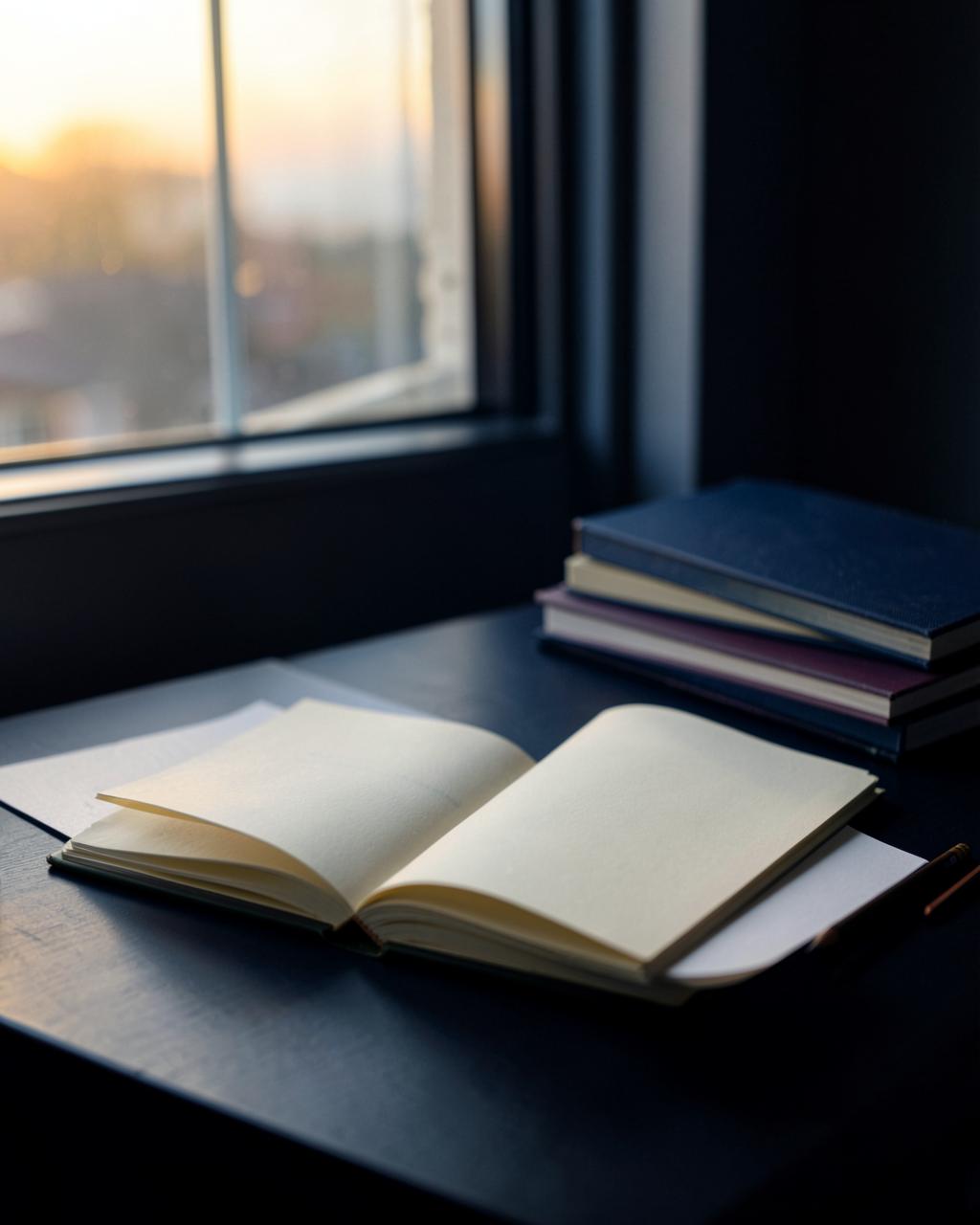 An open notebook and a stack of books on a desk by a window in the last daylight