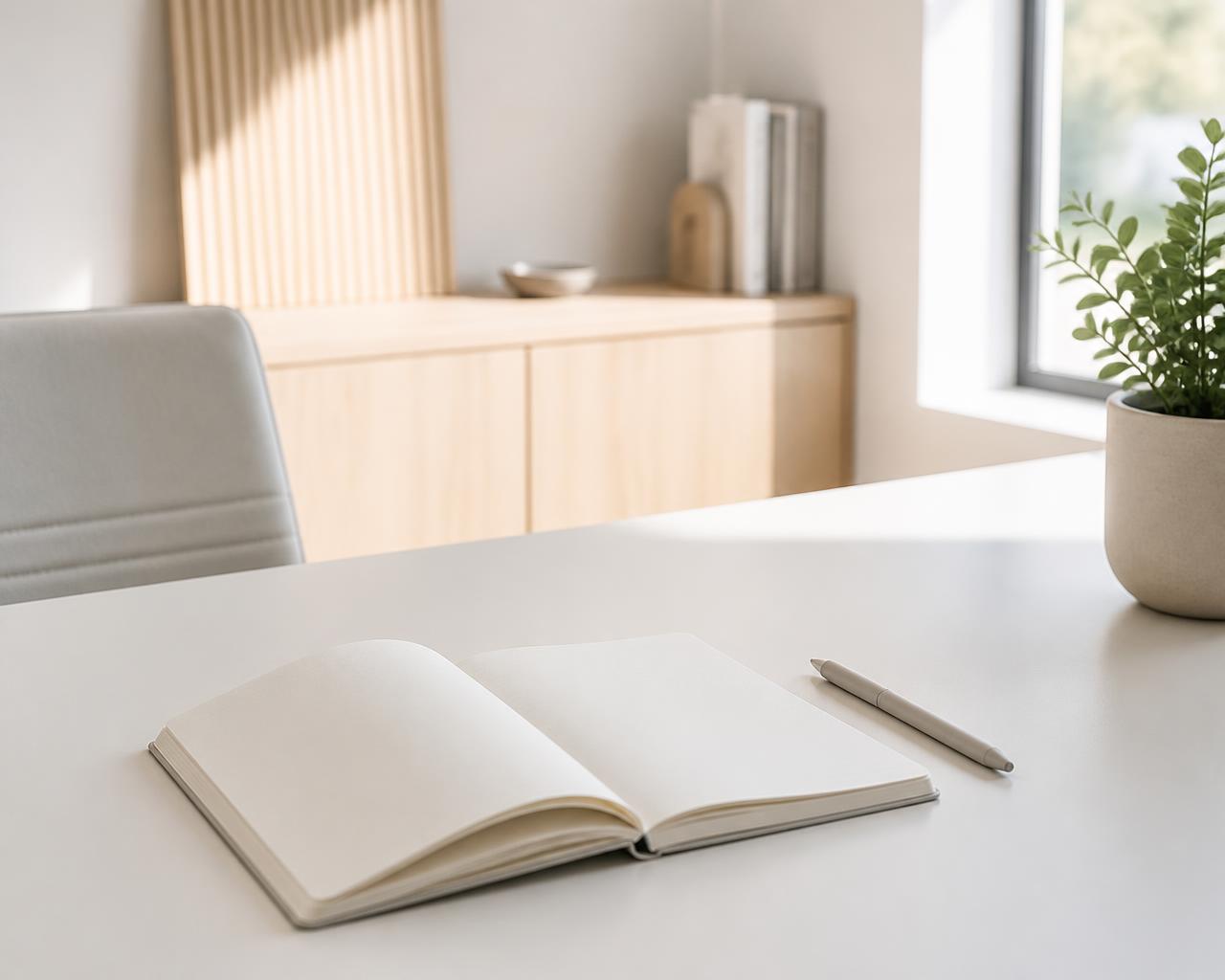 An empty notebook on a bright desk in a modern interior