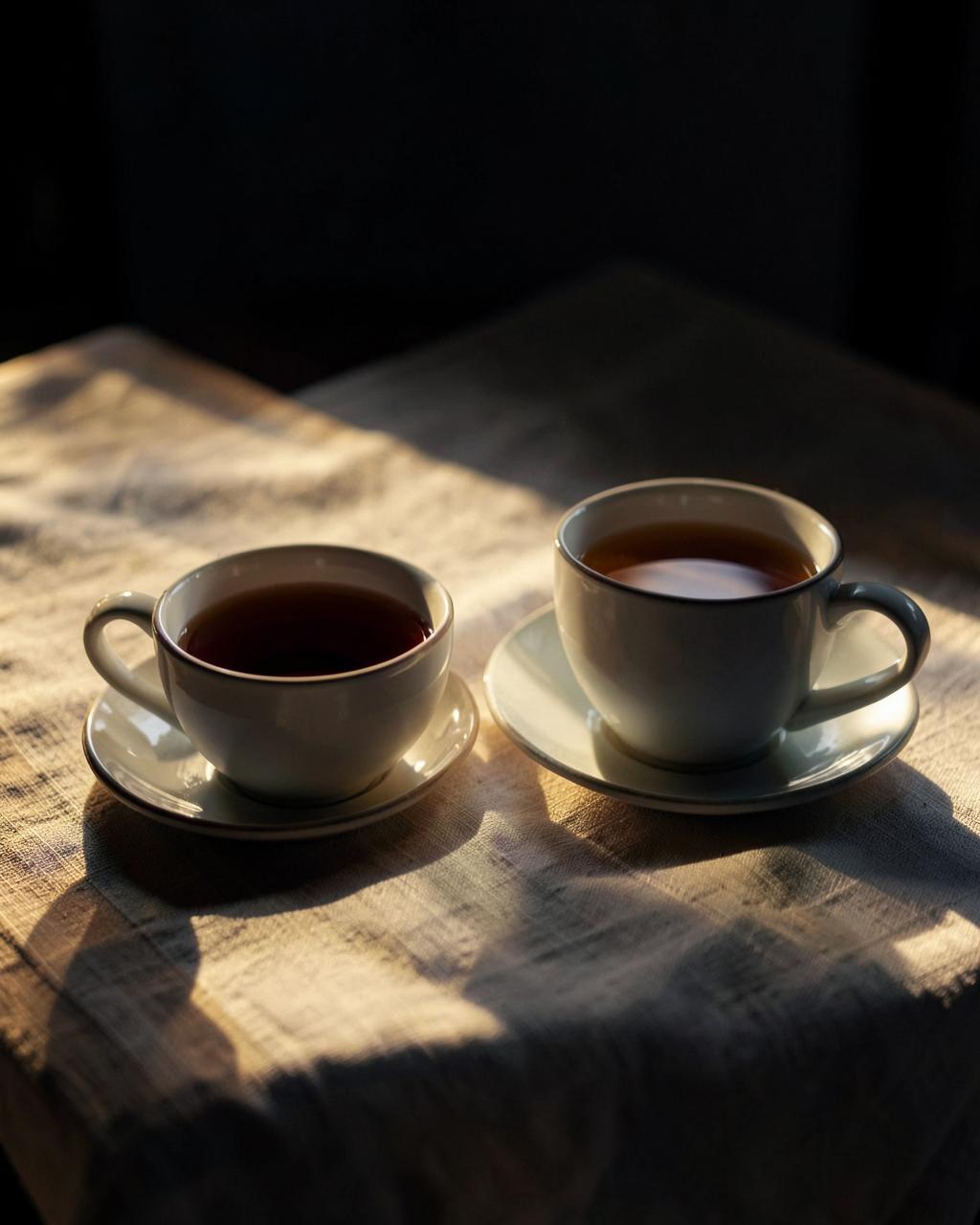 Two cups of tea on a wooden table in low evening light