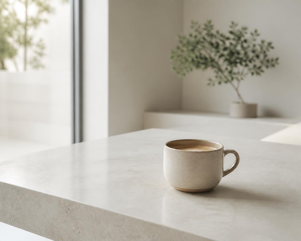 A clean, light interior with a cup of coffee on a white table
