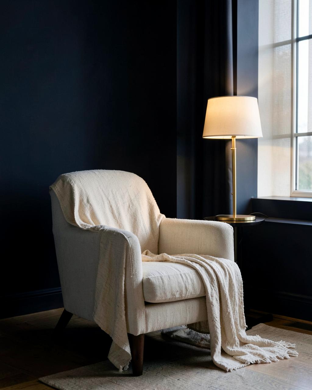 An empty armchair with a linen throw beside a window in evening light