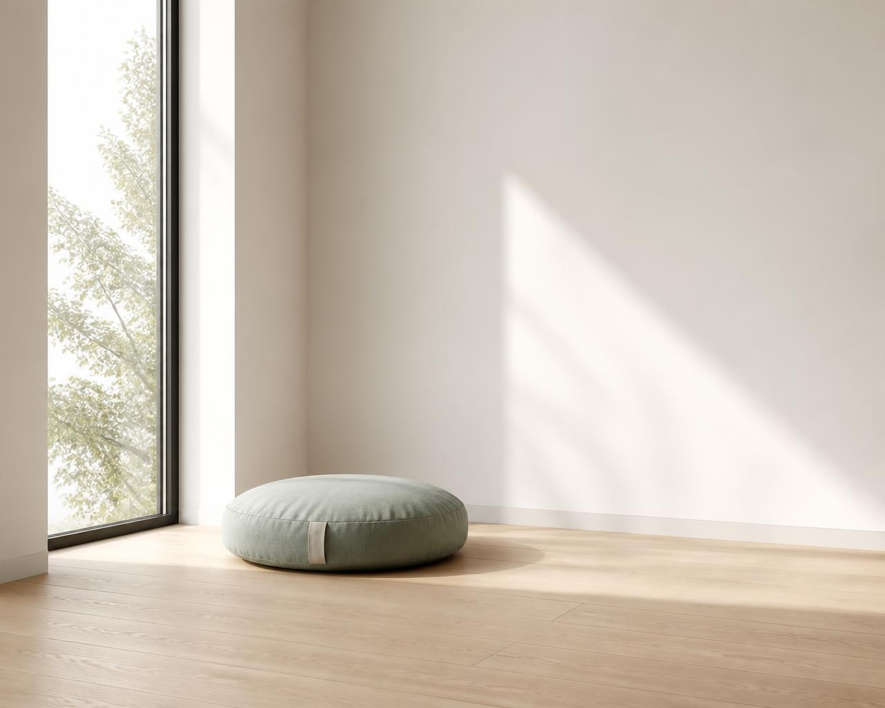 A calm, minimalist meditation corner in soft daylight