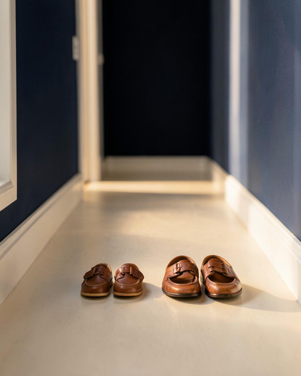 Children's shoes and grown-up shoes side by side in a hallway in afternoon light